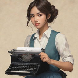 Further modify the anime-style book cover to feature an additional male character. Maintain the theme of Filipinos in the Spanish colonial era, and ensure the female character is still holding a typewriter.