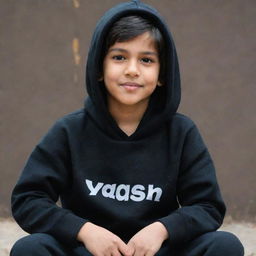 A boy sitting, wearing a black hoodie. The background features the name 'YASH'.