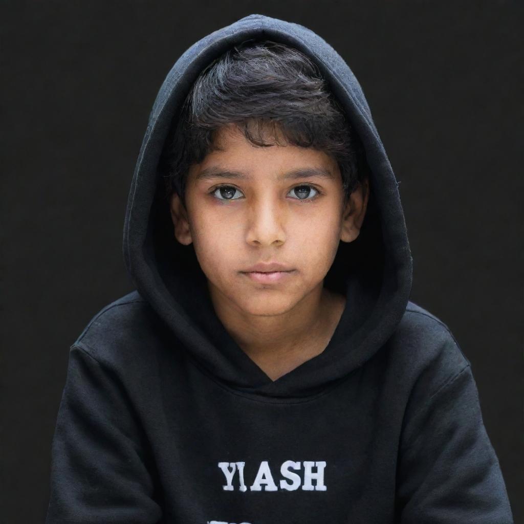 A boy sitting, wearing a black hoodie. The background features the name 'YASH'.