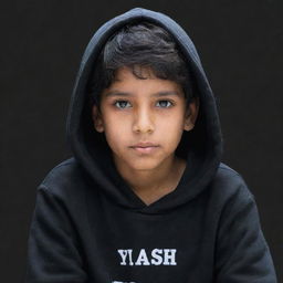 A boy sitting, wearing a black hoodie. The background features the name 'YASH'.