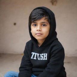 A boy sitting, wearing a black hoodie. The background features the name 'YASH'.