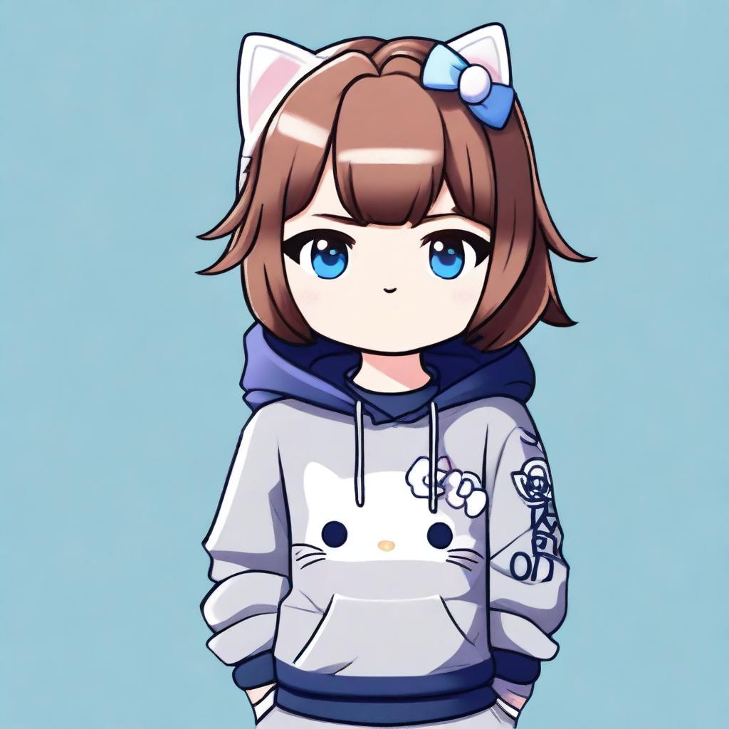 A digital art of a Hello Kitty guardian character with brown hair featuring bangs, blue eyes, wearing grey sweatpants and a navy-blue sweatshirt