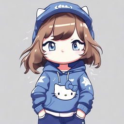 A digital art of a Hello Kitty guardian character with brown hair featuring bangs, blue eyes, wearing grey sweatpants and a navy-blue sweatshirt