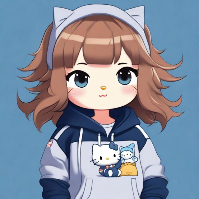 A digital art of a Hello Kitty guardian character with brown hair featuring bangs, blue eyes, wearing grey sweatpants and a navy-blue sweatshirt