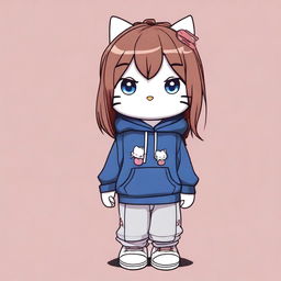 A digital art of a Hello Kitty guardian character with brown hair featuring bangs, blue eyes, wearing grey sweatpants and a navy-blue sweatshirt