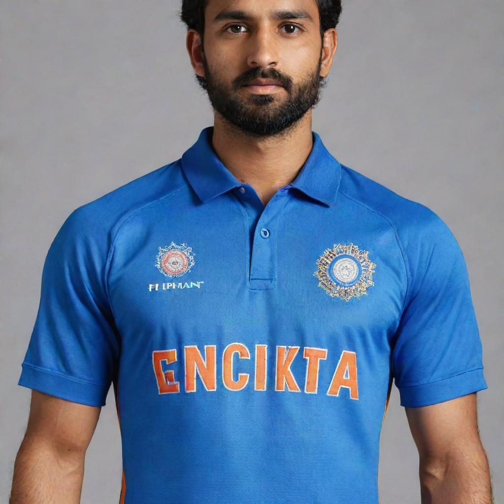 Indian national cricket team jersey with the name 'Prem' printed on the back, in the vibrant blue color adorned with the national emblem and a number below the name.