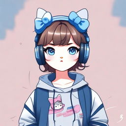 A high-quality digital art image of Hello Kitty, depicted with unique brown hair styled in an updo with bangs