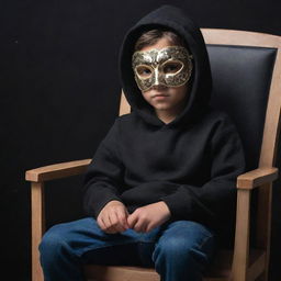 A young boy in a black hoodie and masquerade mask sitting on a chair, skillfully creating a mesmerizing 3D illusion with a background featuring Yash.