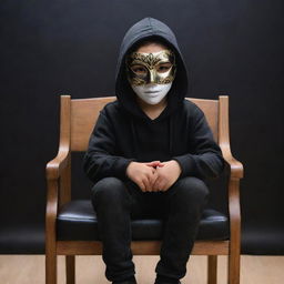 A young boy in a black hoodie and masquerade mask sitting on a chair, skillfully creating a mesmerizing 3D illusion with a background featuring Yash.