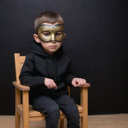 A young boy in a black hoodie and masquerade mask sitting on a chair, skillfully creating a mesmerizing 3D illusion with a background featuring Yash.