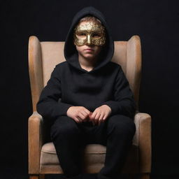 A young boy in a black hoodie and masquerade mask sitting on a chair, skillfully creating a mesmerizing 3D illusion with a background featuring Yash.