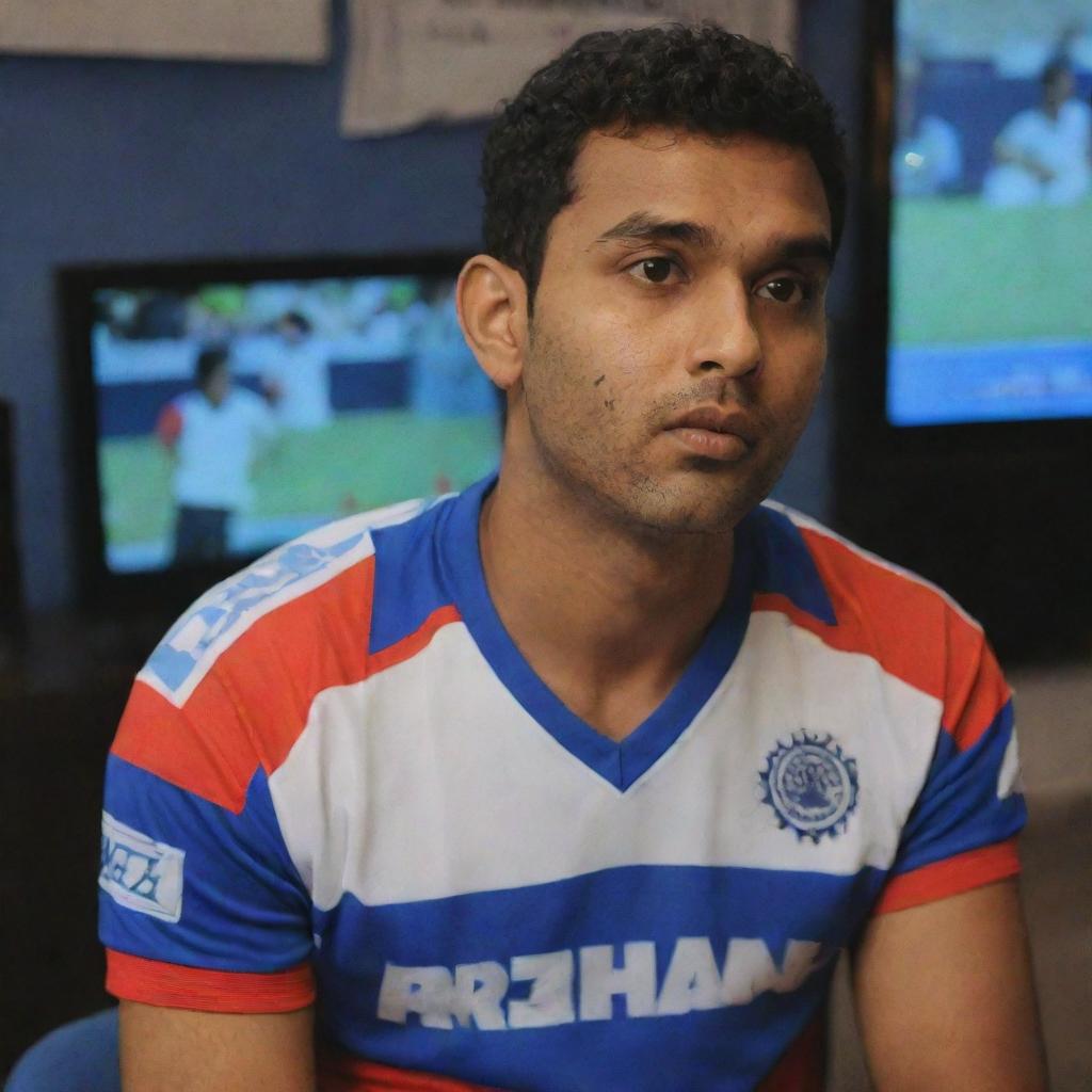 A person named Prem in a sports jersey, attentively watching a television where Rohit Sharan is appearing.