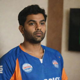 A person named Prem in a sports jersey, attentively watching a television where Rohit Sharan is appearing.