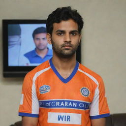 A person named Prem in a sports jersey, attentively watching a television where Rohit Sharan is appearing.