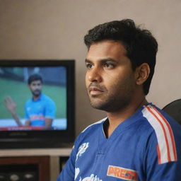 A person named Prem in a sports jersey, attentively watching a television where Rohit Sharan is appearing.