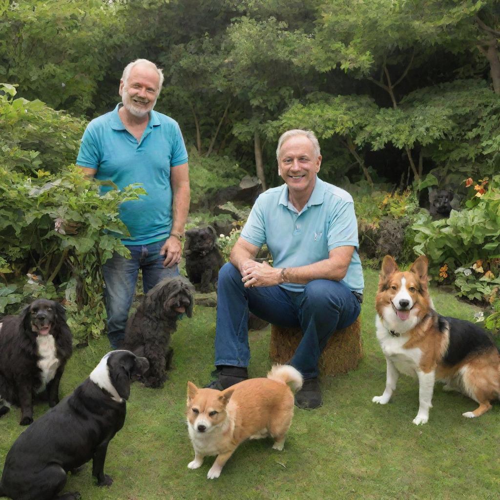 A friendly man surrounded by various pets in a lush, vibrant garden