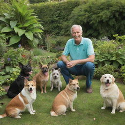 A friendly man surrounded by various pets in a lush, vibrant garden