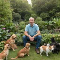 A friendly man surrounded by various pets in a lush, vibrant garden