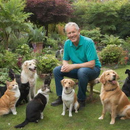 A friendly man surrounded by various pets in a lush, vibrant garden