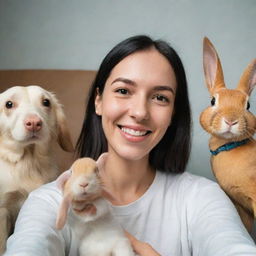 A selfie of a cheerful individual with various pets around. The pets can include dogs, cats, a parrot, and a bunny, all showing playful and affectionate expressions towards the individual.