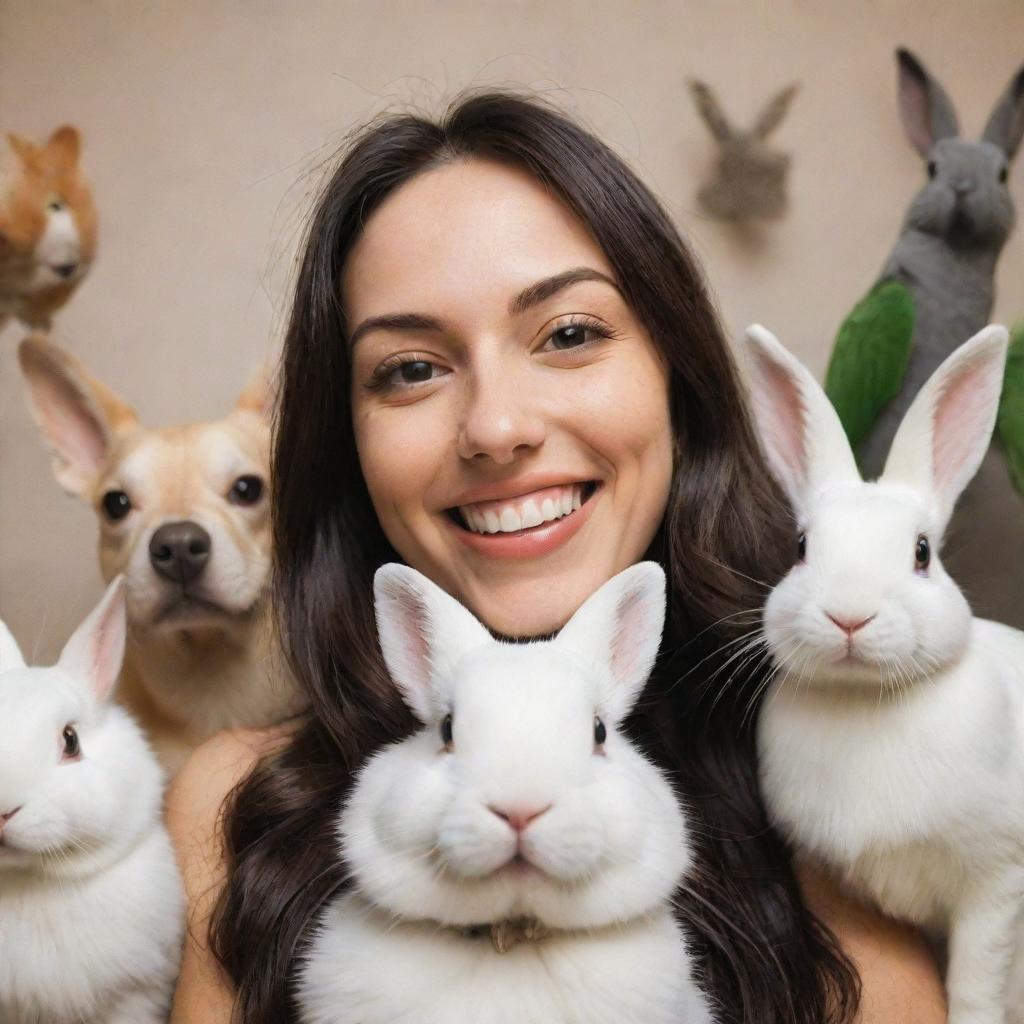 A selfie of a cheerful individual with various pets around. The pets can include dogs, cats, a parrot, and a bunny, all showing playful and affectionate expressions towards the individual.