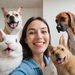 A selfie of a cheerful individual with various pets around. The pets can include dogs, cats, a parrot, and a bunny, all showing playful and affectionate expressions towards the individual.