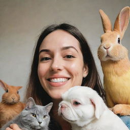 A selfie of a cheerful individual with various pets around. The pets can include dogs, cats, a parrot, and a bunny, all showing playful and affectionate expressions towards the individual.