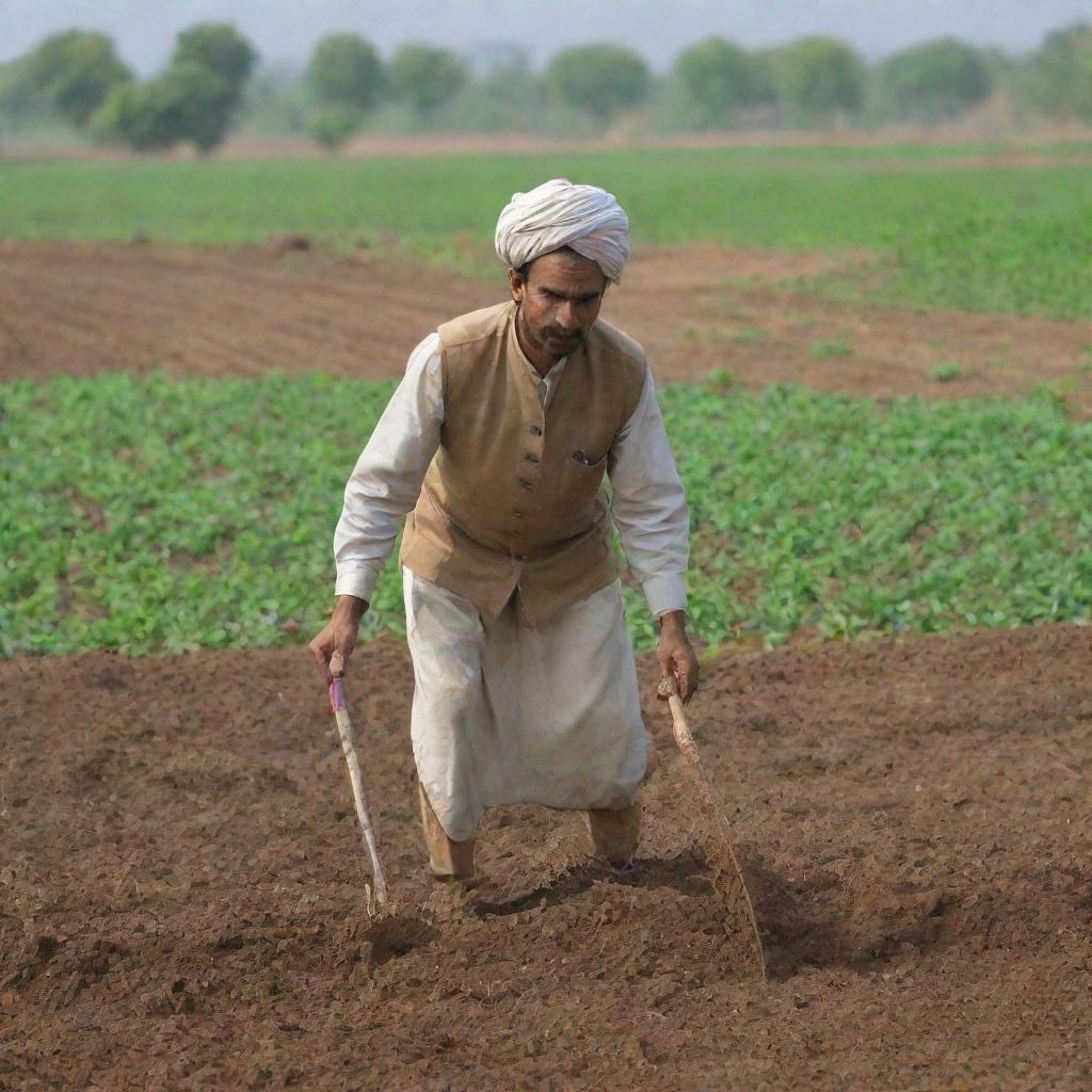 A hardworking Pakistani farmer wearing traditional clothing, tilling the fertile soil of his thriving farmland.