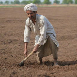 A hardworking Pakistani farmer wearing traditional clothing, tilling the fertile soil of his thriving farmland.