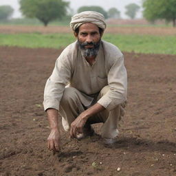 A hardworking Pakistani farmer wearing traditional clothing, tilling the fertile soil of his thriving farmland.