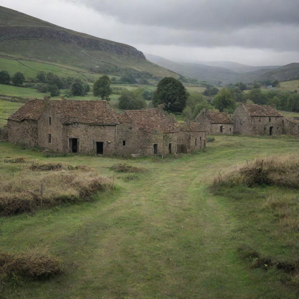 A hauntingly picturesque scene of a deserted village, with abandoned houses, solemn silence and the desolate beauty of nature reclaiming its dominance.