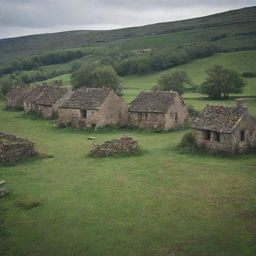 A hauntingly picturesque scene of a deserted village, with abandoned houses, solemn silence and the desolate beauty of nature reclaiming its dominance.