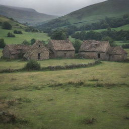 A hauntingly picturesque scene of a deserted village, with abandoned houses, solemn silence and the desolate beauty of nature reclaiming its dominance.