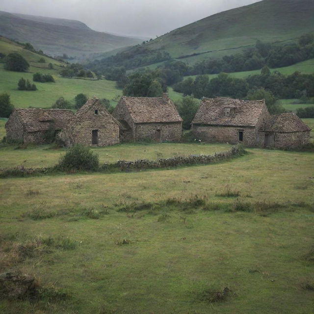 A hauntingly picturesque scene of a deserted village, with abandoned houses, solemn silence and the desolate beauty of nature reclaiming its dominance.