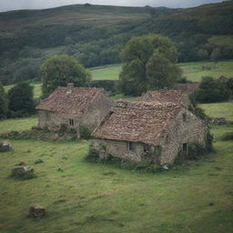 A hauntingly picturesque scene of a deserted village, with abandoned houses, solemn silence and the desolate beauty of nature reclaiming its dominance.