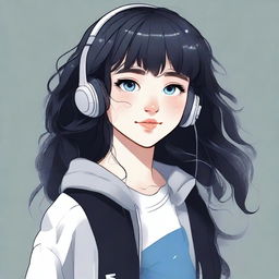 This is a high-quality digital art image depicting a teenage girl with dark navy wavy hair, bangs, and sidelocks