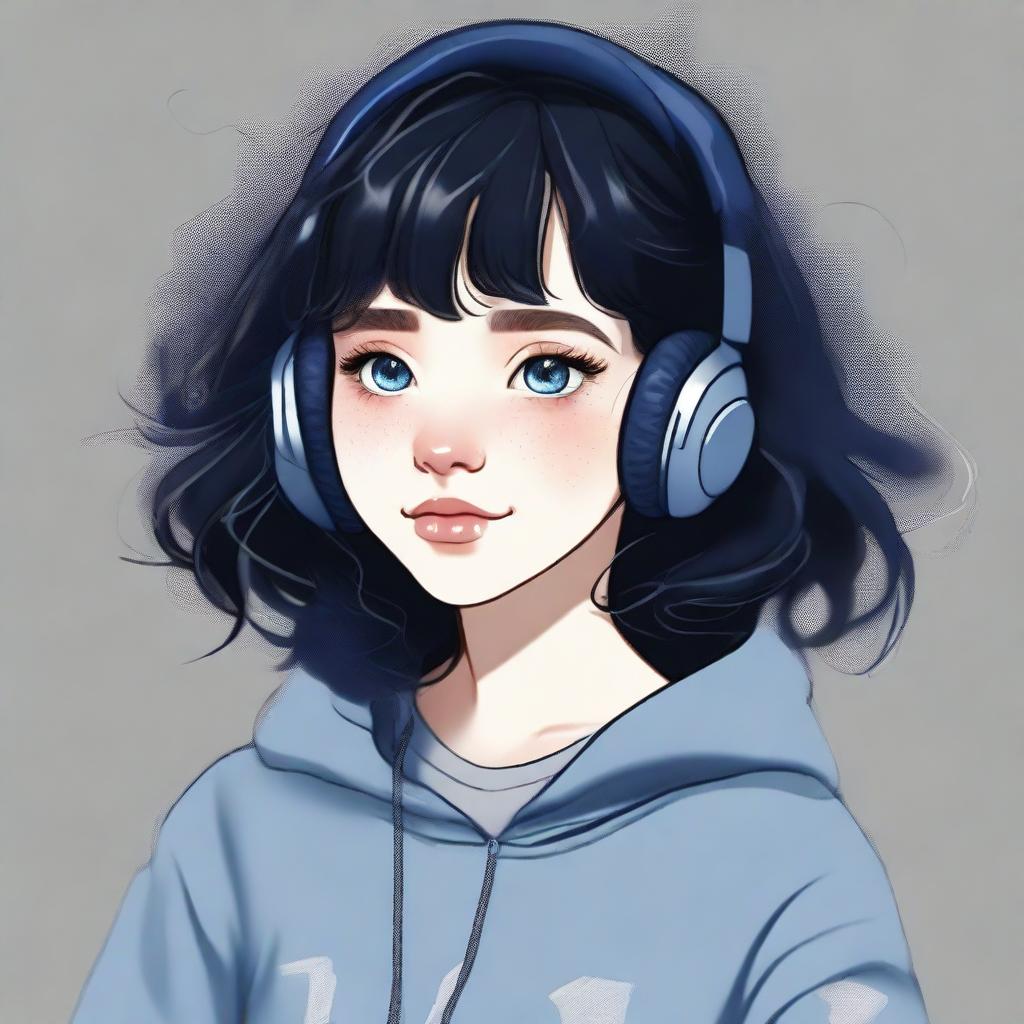 This is a high-quality digital art image depicting a teenage girl with dark navy wavy hair, bangs, and sidelocks