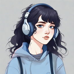 This is a high-quality digital art image depicting a teenage girl with dark navy wavy hair, bangs, and sidelocks