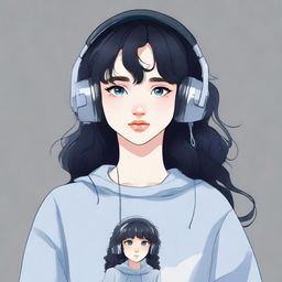 This is a high-quality digital art image depicting a teenage girl with dark navy wavy hair, bangs, and sidelocks