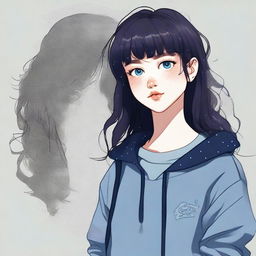 This is a high-quality digital art image of a teenage girl with dark navy, wavy hair styled with bangs and sidelocks