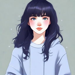 This is a high-quality digital art image of a teenage girl with dark navy, wavy hair styled with bangs and sidelocks