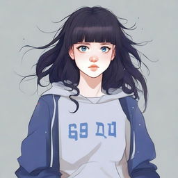 This is a high-quality digital art image of a teenage girl with dark navy, wavy hair styled with bangs and sidelocks