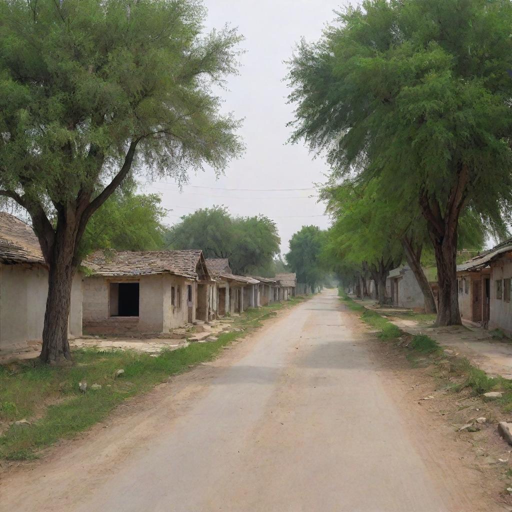 A serene and evacuated street scene from a village in Pakistan, portraying abandoned houses, orderly roadside trees, and the hushed tranquility of rural life.