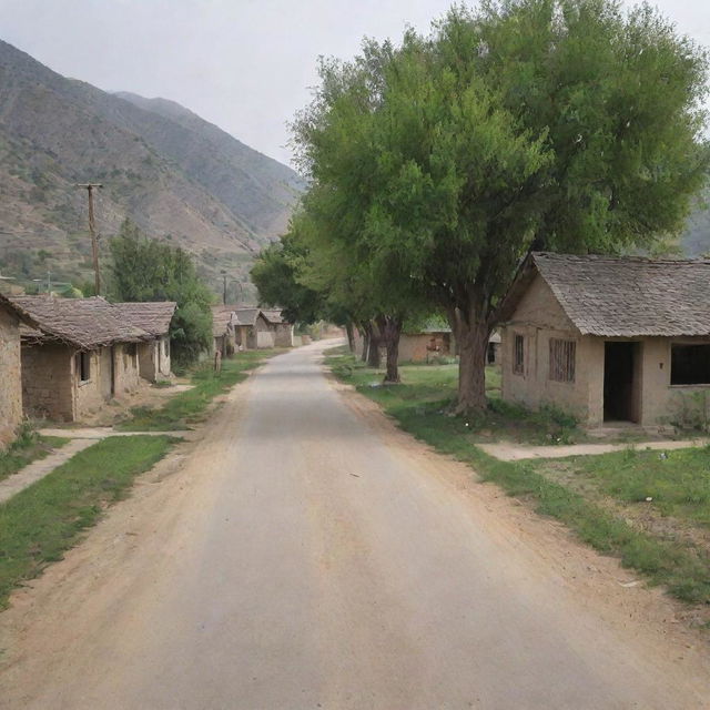 A serene and evacuated street scene from a village in Pakistan, portraying abandoned houses, orderly roadside trees, and the hushed tranquility of rural life.