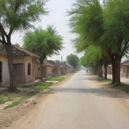 A serene and evacuated street scene from a village in Pakistan, portraying abandoned houses, orderly roadside trees, and the hushed tranquility of rural life.