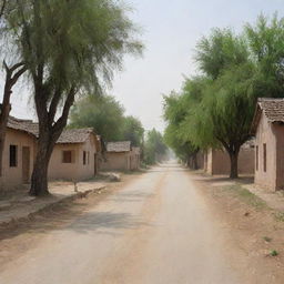 A serene and evacuated street scene from a village in Pakistan, portraying abandoned houses, orderly roadside trees, and the hushed tranquility of rural life.