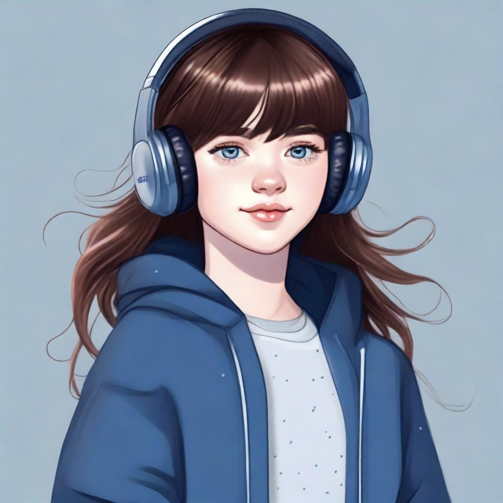 This is a high-quality digital art image showcasing a teenage girl with dark brown, wavy hair styled with bangs and sidelocks