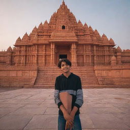 A 16-year-old boy standing in front of the majestic Sri Ram Mandir (temple) during the sunset, capturing the intricate architectural details of the temple.