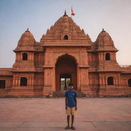 A 16-year-old boy standing in front of the majestic Sri Ram Mandir (temple) during the sunset, capturing the intricate architectural details of the temple.