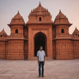 A 16-year-old boy standing in front of the majestic Sri Ram Mandir (temple) during the sunset, capturing the intricate architectural details of the temple.